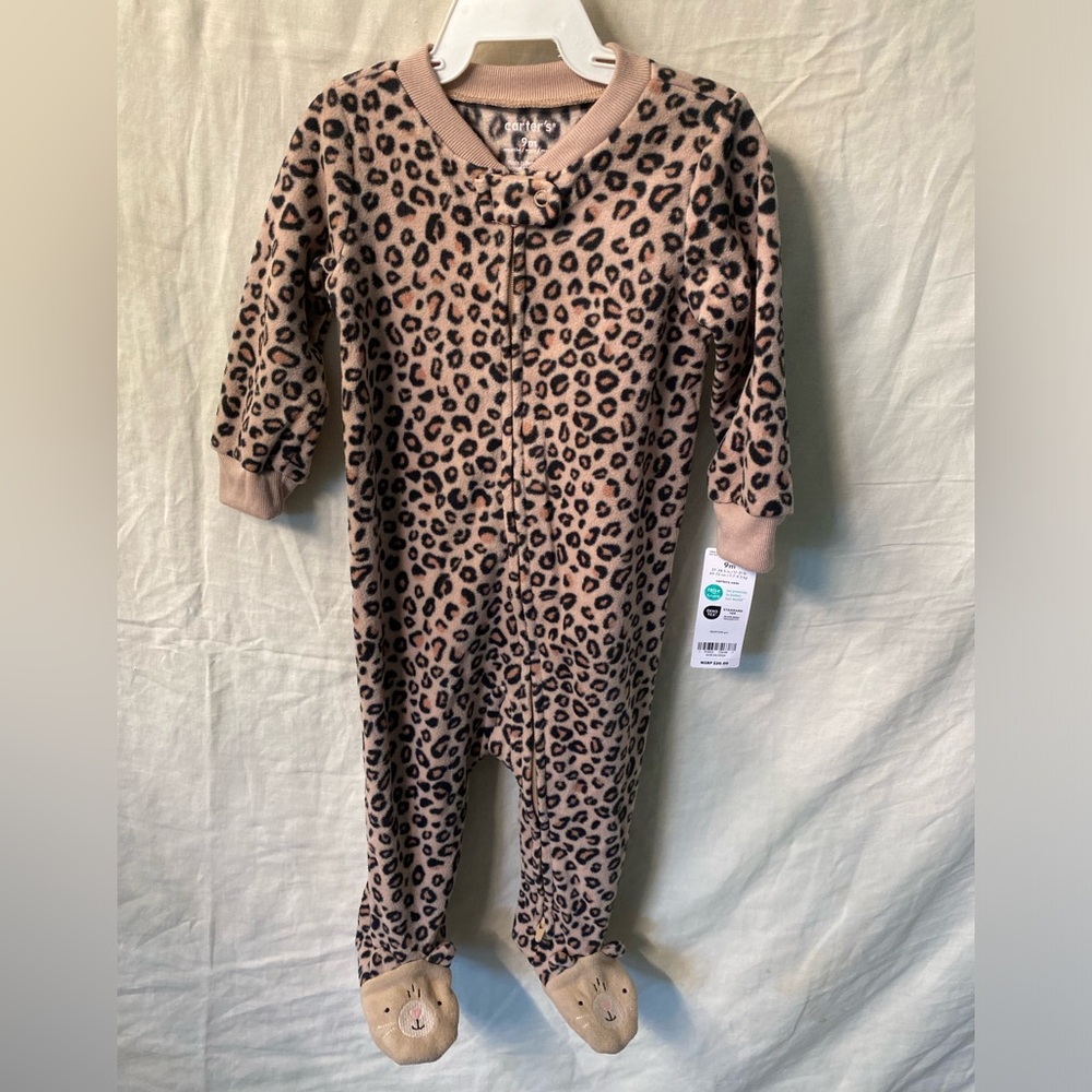 BNWT Carter's Leopard Print Tan and Black Fleece 2-Way Zip One-Piece Baby Pajama